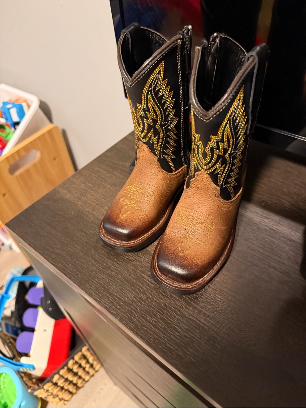 Kids Brown & Black Western Cowboy Boots with Yellow Stitching